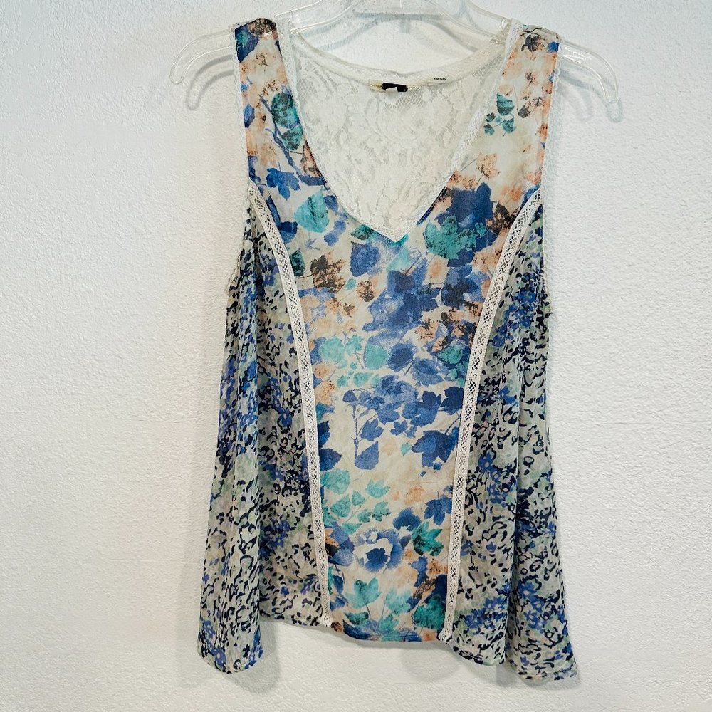 Miss Me Tank Top Semi Sheer Lace Back V-Neck MultiColor Asymmetrical Hem Size L